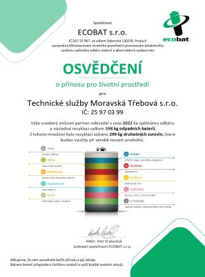 OSVĚDČENÍ o přínosu pro životní prostředí